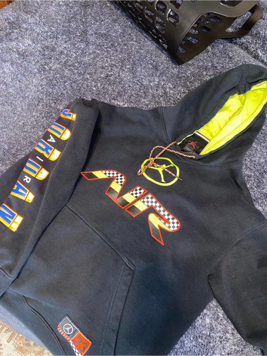 Jordan Other - Jordan Black Hoodie with Neon Yellow Lining and Multicolor Racing Graphics